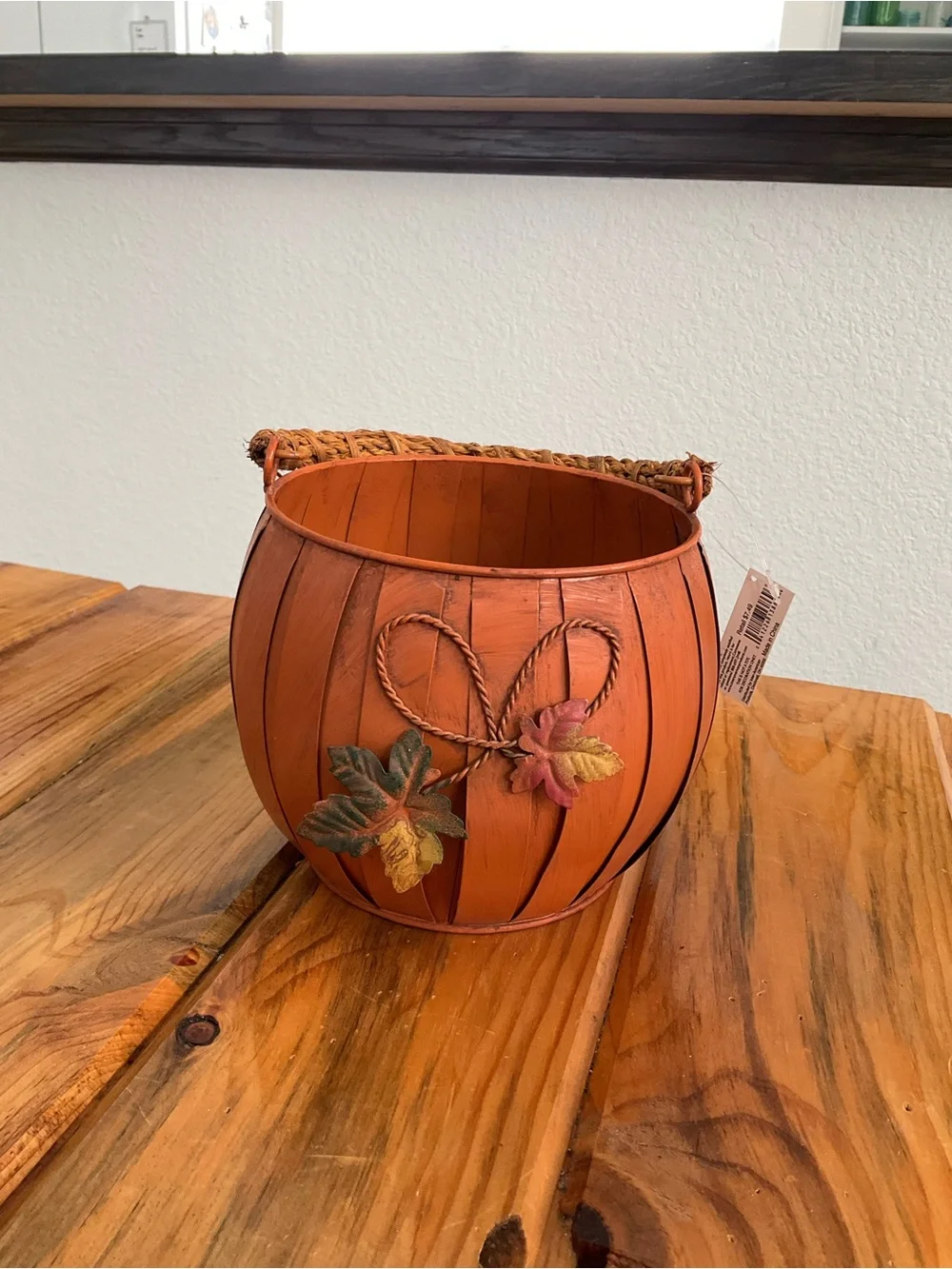 Autumn Orange Decorative Metal Basket with Woven Handle